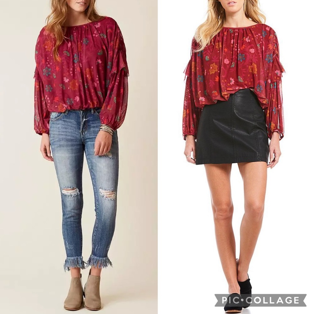 Free People Mesh Floral Ruffle Dolman Sleeve Blouse